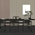 Modern Chinese Tea Table and Chairs with Wooden Design Potted Plant and Wall Art