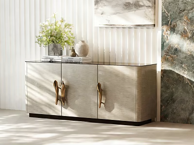 Elegant Modern Entryway Console Cabinet with Golden Handles Vase Green Plants and Striped Wall 3d model