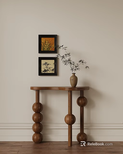 Elegant Wooden Entryway Console Table With Bamboo Vase And Framed Paintings 3d model 