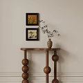 Elegant Wooden Entryway Console Table With Bamboo Vase And Framed Paintings