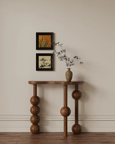 Elegant Wooden Entryway Console Table With Bamboo Vase And Framed Paintings 3d model