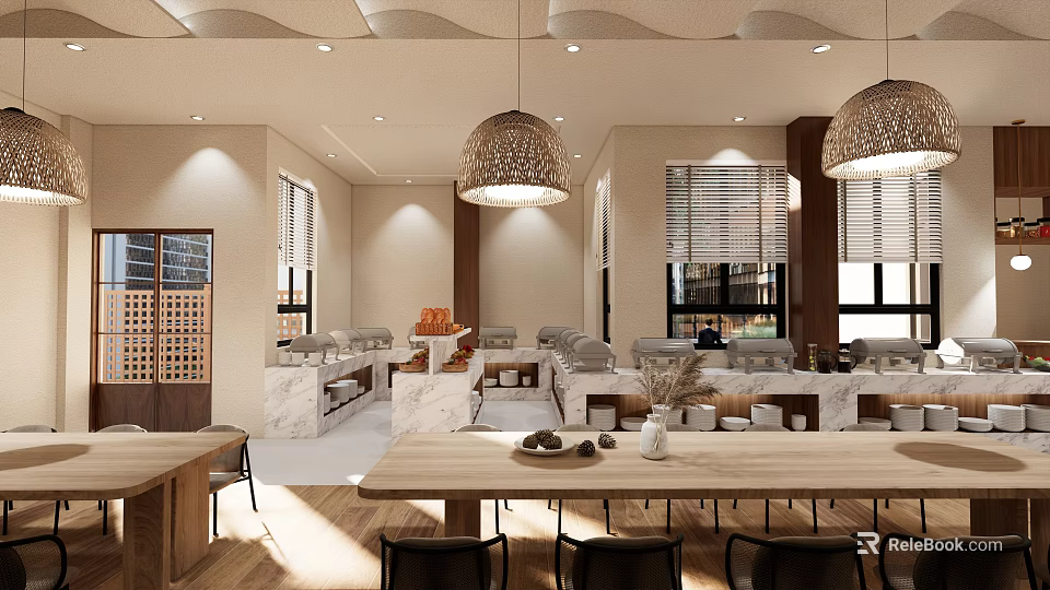 Modern Banquet Hall Interior With Marble Surfaces Pendant Lights Sofa Seating And Dining Tables 3d model 