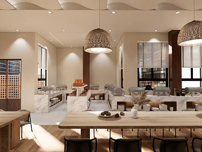Modern Banquet Hall Interior With Marble Surfaces Pendant Lights Sofa Seating And Dining Tables 3d model