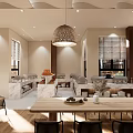 Modern Banquet Hall Interior With Marble Surfaces Pendant Lights Sofa Seating And Dining Tables