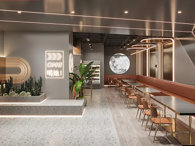 Modern Bar Interior Design With Stylish Lighting Comfortable Seating And Decorative Plants 3d model