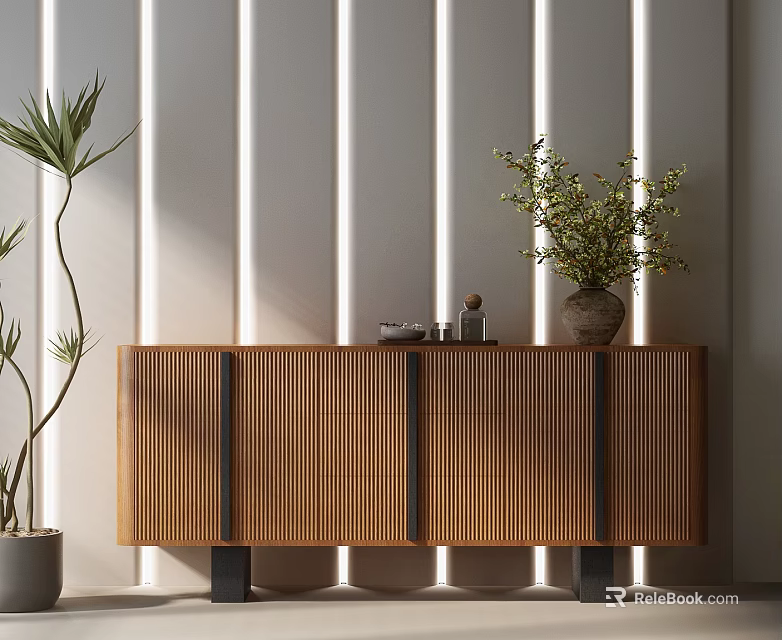 Wooden Entryway Side Cabinet With Vertical Slat Design Black Legs And Potted Plant Decor 3d model 