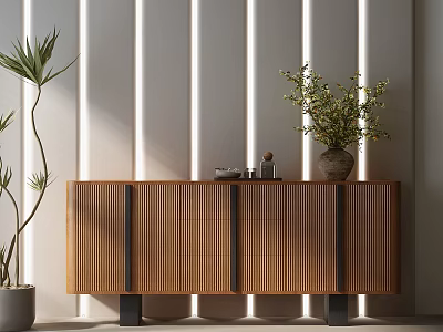 Wooden Entryway Side Cabinet With Vertical Slat Design Black Legs And Potted Plant Decor 3d model