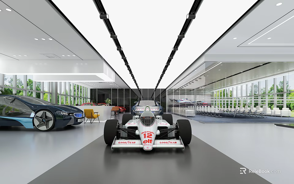 Spacious Modern Car Showroom With White Racing Car Blue Sports Car Large Windows And Furniture 3d model 