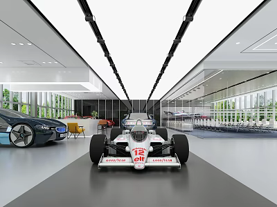 Spacious Modern Car Showroom With White Racing Car Blue Sports Car Large Windows And Furniture 3d model