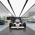 Spacious Modern Car Showroom With White Racing Car Blue Sports Car Large Windows And Furniture
