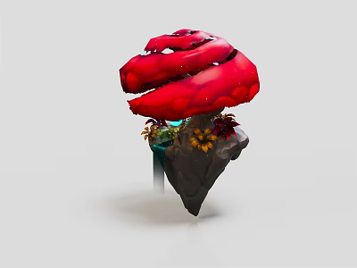 Cartoon Scene With Red Mushroom Cap On Black Rock Base And Green Plants Yellow Flowers 3d model