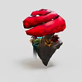 Cartoon Scene With Red Mushroom Cap On Black Rock Base And Green Plants Yellow Flowers