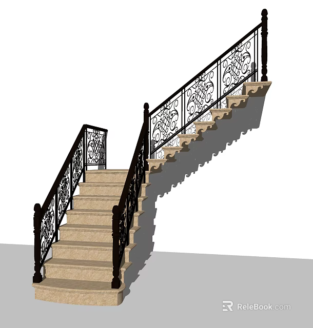 Elegant Interior Staircase Design With Wrought Iron Railings And Stone Steps 3d model 