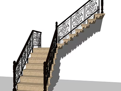 Elegant Interior Staircase Design With Wrought Iron Railings And Stone Steps 3d model