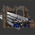 Lego Blue Yellow Armored Warriors In Castle Ruins With Archway Staircase Checkerboard Floor Laser Beams