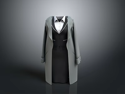 Stylish Gray Long Coat With Black Vest And White Formal Shirt Outfit 3d model