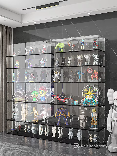 Collectible Action Figures of Various Characters Neatly Arranged in Glass Display Shelves 3d model 