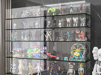Collectible Action Figures of Various Characters Neatly Arranged in Glass Display Shelves 3d model