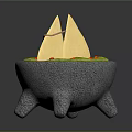 Cartoon Style Triangular Food In Gray Three Legged Pot With Green Base And Smiling Faces