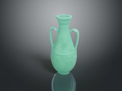 Artistic Green Carved Vase Sculpture with Double Handles and Textured Surface 3d model