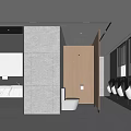 Modern Public Restroom Interior With Gray Walls Wooden Elements Sinks Toilets Urinals And Windows