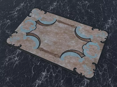 Square Carpet Featuring Beige Body And Blue Ornate Curved Patterns On Dark Marble Floor 3d model