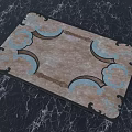 Square Carpet Featuring Beige Body And Blue Ornate Curved Patterns On Dark Marble Floor