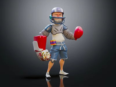 3D Sporty Armored Character With Red Gloves Holding Container Of Small Creatures 3d model