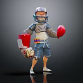 3D Sporty Armored Character With Red Gloves Holding Container Of Small Creatures