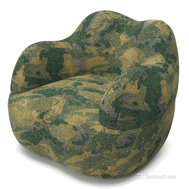 Green and Yellow Camouflage Pattern Single Sofa with Round Curved Fabric Design 3d model 