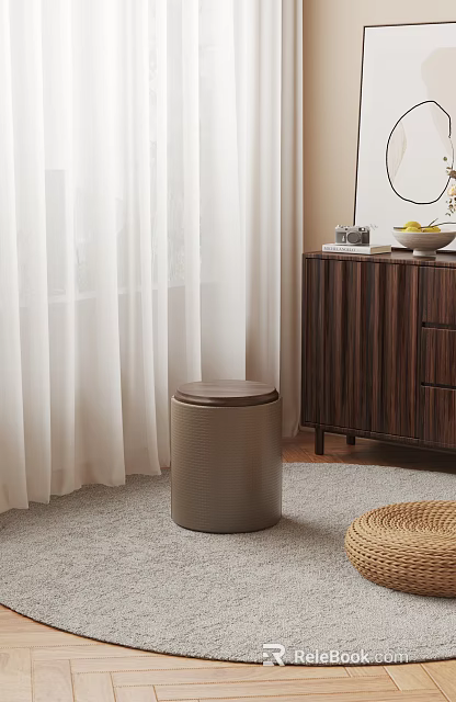 Beige Stool With Brown Lid In Cozy Room Near White Curtains And Dark Wood Cabinet 3d model 
