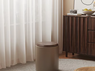 Beige Stool With Brown Lid In Cozy Room Near White Curtains And Dark Wood Cabinet 3d model
