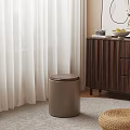 Beige Stool With Brown Lid In Cozy Room Near White Curtains And Dark Wood Cabinet