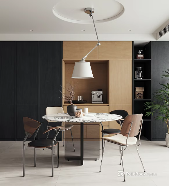 Modern Restaurant Interior With Marble Dining Table Chairs Pendant Light And Plant 3d model