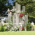 Outdoor Decorative Structure With White Columns And Colorful Flowers On Green Grass