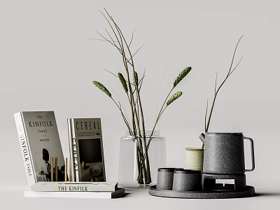 Decorative Ornament Set With Books Glass Vase Dried Plants Ceramic Cups And Tray 3d model