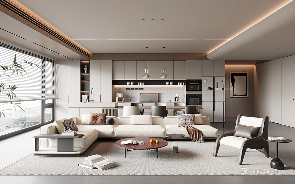 Modern Open Concept Living And Dining Area With Sofa And Cabinets 3d model 