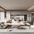 Modern Open Concept Living And Dining Area With Sofa And Cabinets