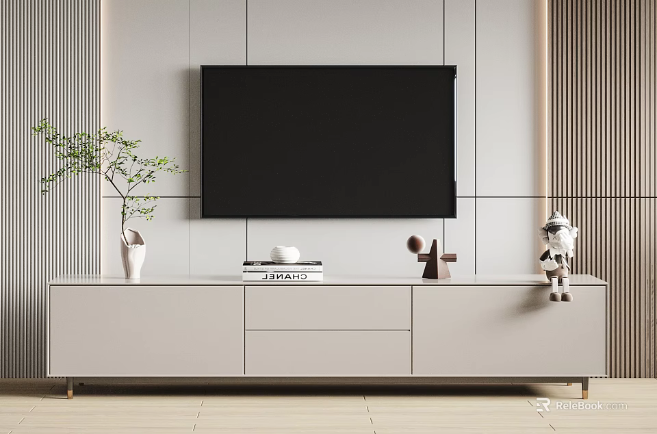 Modern Minimalist TV Stand With TV Books Decor And Plant 3d model 