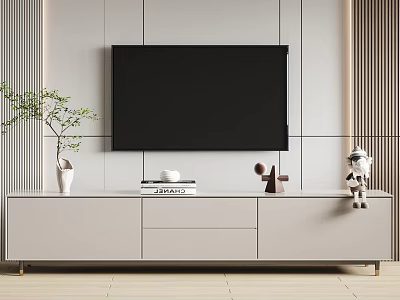 Modern Minimalist TV Stand With TV Books Decor And Plant 3d model