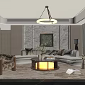 Modern Living Room Interior With White Sectional Sofa Patterned Accent Chair And Marble Wall