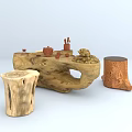 Root Carving Tea Table with Tree Stump Stools and Tea Sets on Natural Wood Surface 3d model