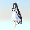 Woman in White Dress with Long Black Hair Horn Accessories and Twin Ponytails