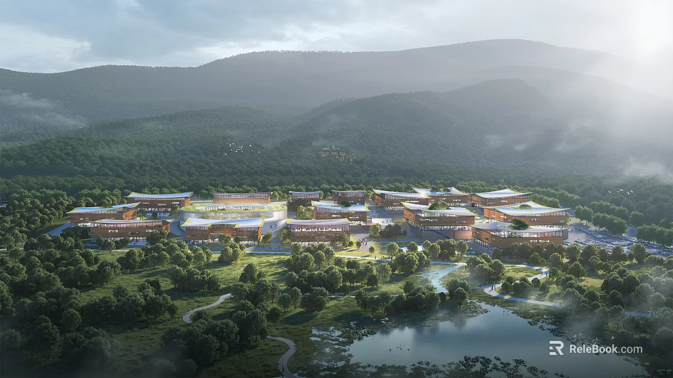 Scenic Architecture Complex In Mountainous Forest With Lake And Lush Greenery 3d model 