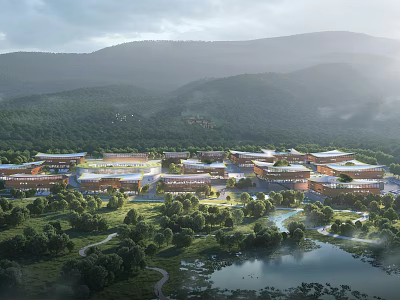 Scenic Architecture Complex In Mountainous Forest With Lake And Lush Greenery 3d model