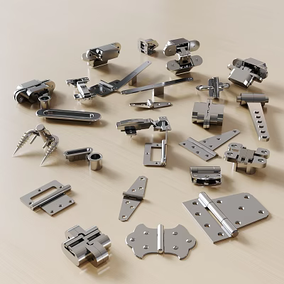 Different Types Of Hardware Fittings Including Hinges Latches And Screws 3d model