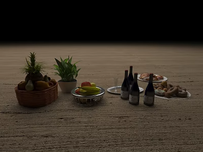 Ceramic Vessels Display With Fresh Fruits Potted Plants Wine Bottles And Food On Wooden Surface 3d model