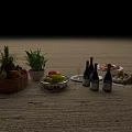 Ceramic Vessels Display With Fresh Fruits Potted Plants Wine Bottles And Food On Wooden Surface