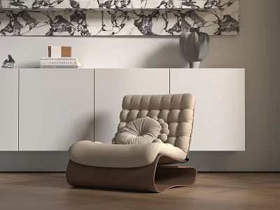 Lazy Sofa With Beige Tufted Design Brown Curved Base White Cabinetry And Wooden Floor 3d model