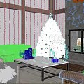 Cozy Living Room with Christmas Tree Fireplace Snowy View Outside Window Sofa Coffee Table